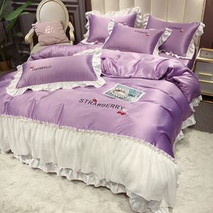 Bedding sets 4PCS Luxury Princess Style Lace Series Washed Easy Embroidery Wedding Set Duvet Cover Bed Sheet Quilt Pillowcase# 230907