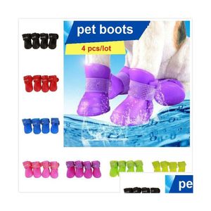 Scarpe protettive per animali domestici 4 pezzi / lotto Stivali durevoli antiscivolo per cuccioli di cane da pioggia impermeabili 7 colori caramelle Consegna goccia Forniture per giardino domestico Dh4Vr