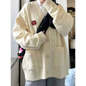 Deeptown Adrette Beige Pullover Strickjacke Frauen Koreanische Streetwear Oversize Gestrickte Top Harajuku Mode Hippie Jumper Weibliche