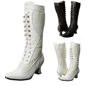 High Heeled Boots 여성 패션 레이스 포인트 발가락 신발 미드 튜브 부츠 여자 파티 신발을위한 여성 안락 신발