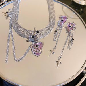 Choker Pink Rhinestone Love Heart Cross Star Tassel Necklace For Women Luxury Charm Aesthetic Earrings Korean Fashion Jewelry