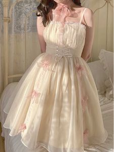 Vintage zarif akşam partisi midi dres bow fransa kawaii prenses kayış elbise kadın retro tatlı peri yaz 2022 230808