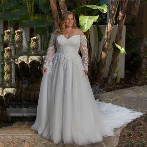 Long Train A Line Wedding Dresses Off The Shoulder Full Sleeves Lace Appliqued White Bridal Gowns Plus Size Bride Formal Wear