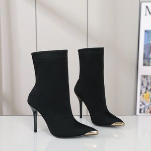 Marca de luxo das mulheres tornozelo cavaleiro botas curtas salto alto 10.5cm zip elástico tecido sapatos tamanho 35-42
