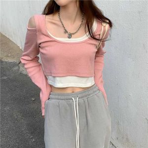 Deeptown Korean Style Y2K Pink Crop Top Women harajuku Fashion Slim Patchwork Fake 2 Piece Tshirts Hippie Casual Long Sleeve Top