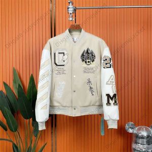 OFF brand white jacket Autumn/ Winter 2023 Fashion new heavy industry embroidery plush coat breeding label men and women lovers baseball coat