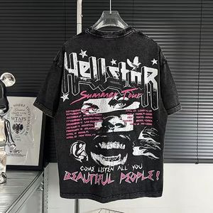 Мужские футболки Хип-хоп Hellstar Crack Портретная футболка с графическим принтом Винтажная футболка с дизайном стирки 2023 Мужская уличная футболка с потертостями 230907