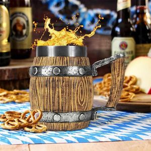 Tassen Viking Bierkrug Auslaufsicherer Edelstahl-Getränkebecher Kreativer Harzimitat-Fass-Kaffee mit Griff