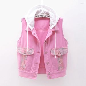 Kvinnors västar huva Big Pocket Denim Vest Women Pink White Waistcoat Löst kort cowboy ärmlös jacka spets broderi jeans kvinnlig