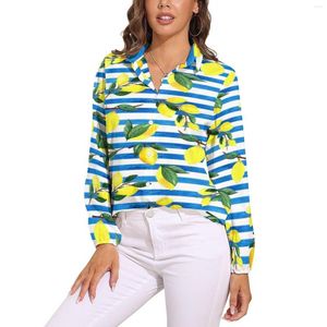 Camicette da donna Camicetta al limone acquerello Strisce blu e bianche Design Kawaii Camicie da donna a maniche lunghe Moda da strada Top oversize primaverile