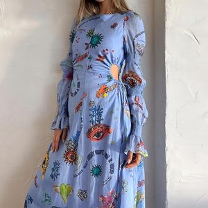 Casual klänningar retro abstrakt tryck boho lång klänning kvinnor vårbesättning hals a-line kontor lady hösten puff hylsa ihålig fest