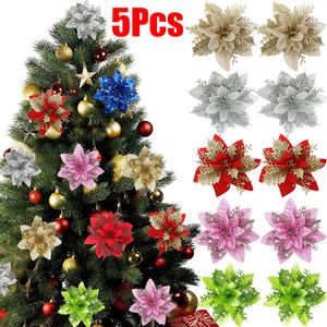 Decorações de Natal 5 pcs Flores Glitter Artificial Poinsettia Floral Xmas Árvore Enfeites DIY Guirlandas Casa Festa de Casamento Presente 230907