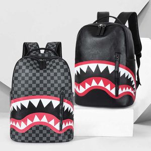 Vintage Leather Backpacks Designer Mens Travel Bag Fashion Check Student Back Pack Large Capacity Street Trend Shark Book School Bag 230206