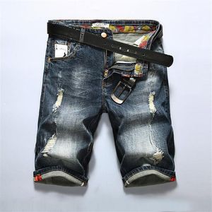 Mäns jeans sommar korta jeans män hål stretch denim shorts bomull rak jean casual blå storlek 421302r