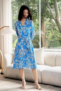 Vestidos casuais primavera legal fresco azul impressão flowy acetato vestido diário comute up mulheres vestidos