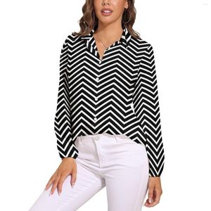 Camicette da donna Camicetta con stampa geometrica Linea in bianco e nero Modello Kawaii Camicia classica femminile Top oversize a maniche lunghe estive