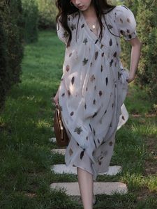 French Tea Break Lace-up Dress Womens Design Sense Temperament Printed Lantern Sleeve Chiffon Dress Retro Style