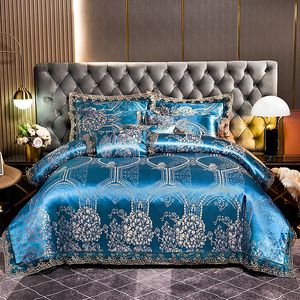 Conjuntos de cama s luxo jacquard conjunto casa rainha king size conjunto 4 pcs capa de edredão fronhas cama folha azul 230907