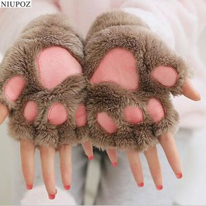 Five Fingers Glove Lovely Cartoon Fluffy Bear Cat Claw Paw Mittens Winter Female Half Finger Plush Ladies Fingerless Warm G22 230908