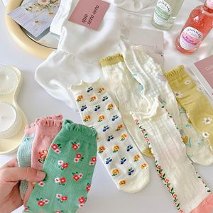 Women Socks 2023 Japanese Sweet Floral Embroidery Ruffle Frilly Summer Thin Cotton Tubing Slippers Stockings For Girl Female