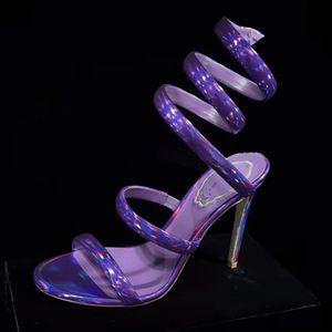 ljuskrona stiletto häl sandaler kvinnor klack kvällskor 95 mm rene caovilla cleo lila spegel sandal ankel orm strass klänning skor skor lyxdesigners skor