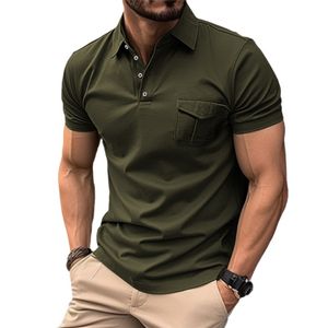QNPQYX Neue Männer Solide Slim Fit Kurzarm Polo Shirts Mit Taschen für Männer Mode Hemd Kragen Herren