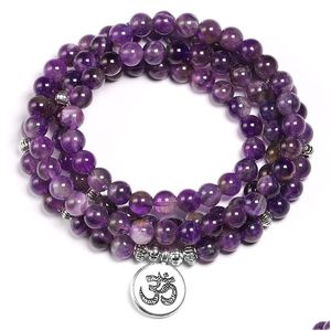 Charm Bilezikler Doğal Mor Kristal Ametists 6mm Boncuklar Kolye Yoga 108 Kadınlar İçin Mala Taş Lotus Enerji Takı 230215 DROP DEL DHKGP