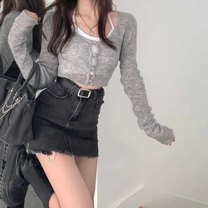 Deeptown Y2k Korean Style Grey Sweater Cardigan Women Coquette Harajuku Fashion Slim Crop Top 2000s Aesthetic Basic Knitted Tops