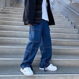 Nya rippade avslappnade mager jeansbyxor modemärke man streetwear brev tryckt nödhål grå denim byxor