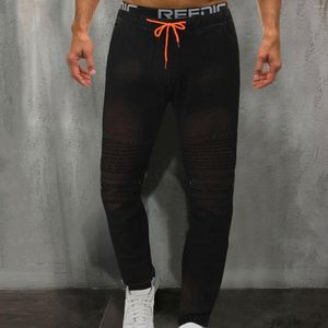 Męskie dżinsy średnie-preporskie szczupły sznurka z zamkiem kieszonkowym luźne spodni mody mody unisex drespants pantelones