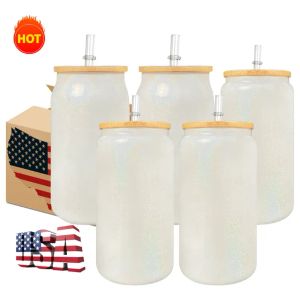 USA/CA Warehouse 16oz Frosted Clear Glass Mugs Mason burkar Dricker Travel Cups For Heat Press Printing Tumblers 50pc/Carton