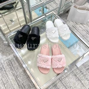 Brand Women Wool Slippers Solid Fur Slides Plush Embroidery Flip Flop Winter Warm Rubber Non-slip Bottom Sheep Leather Trendy Sandals Box