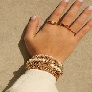 Beaded Strands CHIAO 2021 Trendy 6 Pieces Multi Layers Layering Stacked Pearl Gold Ball Beaded Bracelets Set294L