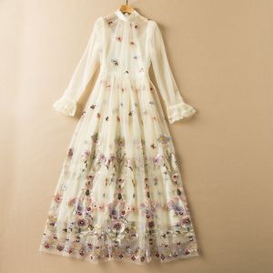 2023 Apricot Floral Embroidery Tulle Dress Long Sleeve Stand Collar Lace Panelled Long Maxi Casual Dresses S2D201654 XXL