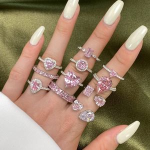 anello di design con diamante rosa per donna sposa argento sterling 925 5A zirconi rotondi pera amore matrimonio fidanzamento cuore anelli a fascia gioielli da donna di lusso taglia 5-9 scatola regalo