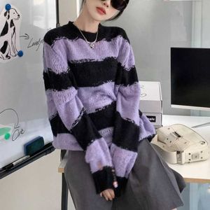 Deeptown Korean Style Y2K Striped Purple Sweater Women Kpop Hippie Hollow Out Oversize Blue Knitted Top Harajuku Vintage Jumper