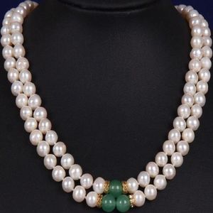 2 rad 8-9mm South Sea White Green Jade Mother Pearl Necklace Yellow Clasp275G