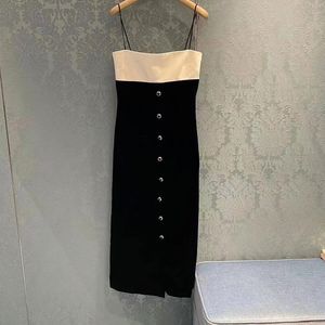 2023 여름 검은 색 대비 컬러 패널 드레스 드레스 소매 정사각형 목 버튼 무릎 길이 캐주얼 드레스 S3S01M022