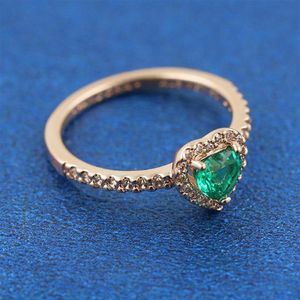 Позолоченное сверкающее кольцо в форме сердца с зеленым кубическим цирконием, подходит для ювелирных изделий Pandora для помолвки и свадьбы, для влюбленных, мода Rin202W