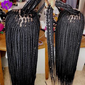 Longo preto marrom loira borgonha cor caixa tranças peruca parte rendas tranças frontais peruca sintética trançada frente laço feminino cabelo w340s253s