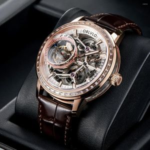 Armbandsur oblvlo designer tourbillon män mekaniska klockor äkta läder diamant bezel stål skelett ratten