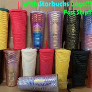 Starbucks Cold Cup Studded Godness 24oz 710ml Tumbler Doppelwandiger Kaffeebecher aus mattem Kunststoff mit Strohhalm, wiederverwendbar, durchsichtig, zum Trinken, mit 199 g