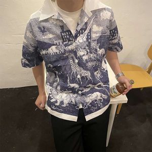 Men's Casual Shirts Welfare Autonomous Blue Zoo Shirt Casual Print Splice High Street Casual Summer Shirt Male