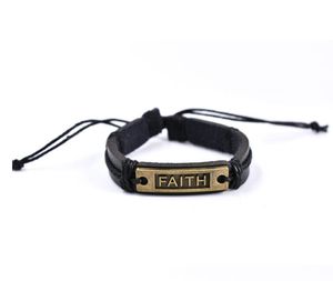Beaded Vintage Mens Black Leather Faith Letter Bracelet Bangle Braided Rope Adjustable Wrap Wax Lined Paper Bracelets Drop Delivery Ote3X
