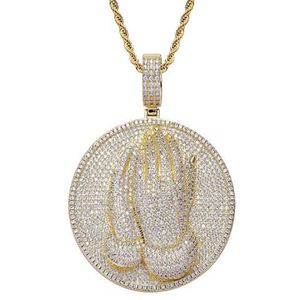 14k ouro orando mãos medalha pingente cristão charme redondo diamante zircônia cúbica ouro prata colar com corda de 24 polegadas chain311u