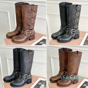 Boots Harness Belt Buckled cowhide leather Biker Knee Boots chunky heel zip Knight boots Fashion square toe Ankle Booties Western boots 35-41