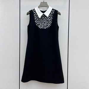 2023 Summer Black Contrast Color Panelled Dress Sleeveless Lapel Neck Sequins Knee-Length Casual Dresses S3S01M164