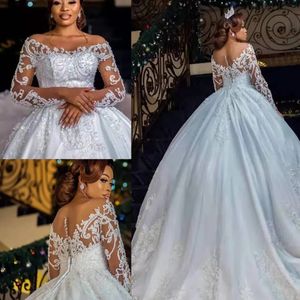 Dubai Arabic Ball Gown Luxury Beading Wedding Dresses Plus Size Scoop Neck Long Sleeves Backless Sweep Train Bling Sequins Bridal Gowns