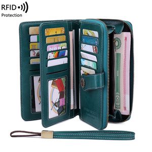Högkvalitativa kvinnor plånbok RFID Anti-stöld lyxiga läderplånböcker för kvinna Lång dragkedja stora damer Kopplingsväska Designer Kvinnlig handväskekorthållare