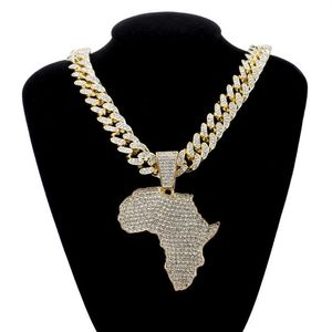 Fashion Crystal Africa Map Pendant Necklace For Women's Hip Hop Accessories Smycken Halsband Choker Cuban Link Chain Gift187w